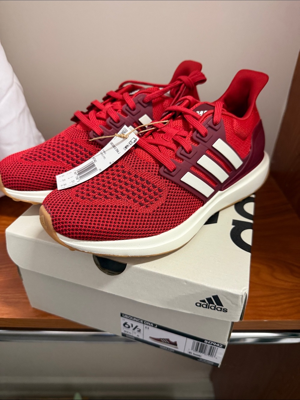 adidas Boys Red Mesh Athletic Sneakers with White Stripes